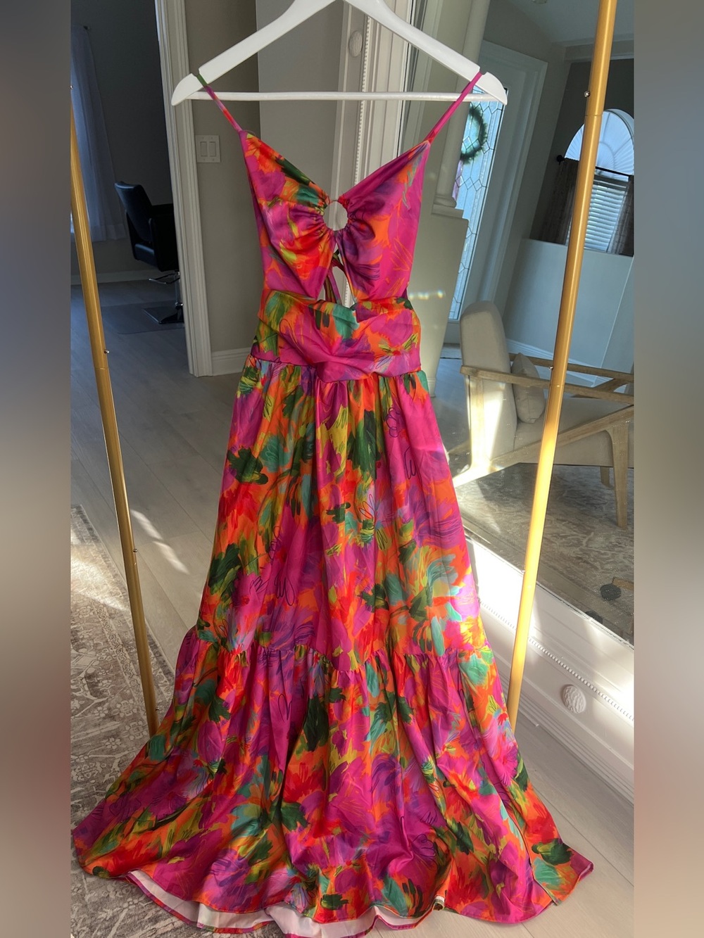 Bright Pink Floral Maxi Dress with Cutout
